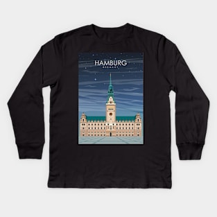 Hamburg Germany Vintage Minimal Retro Travel Poster at Night Kids Long Sleeve T-Shirt